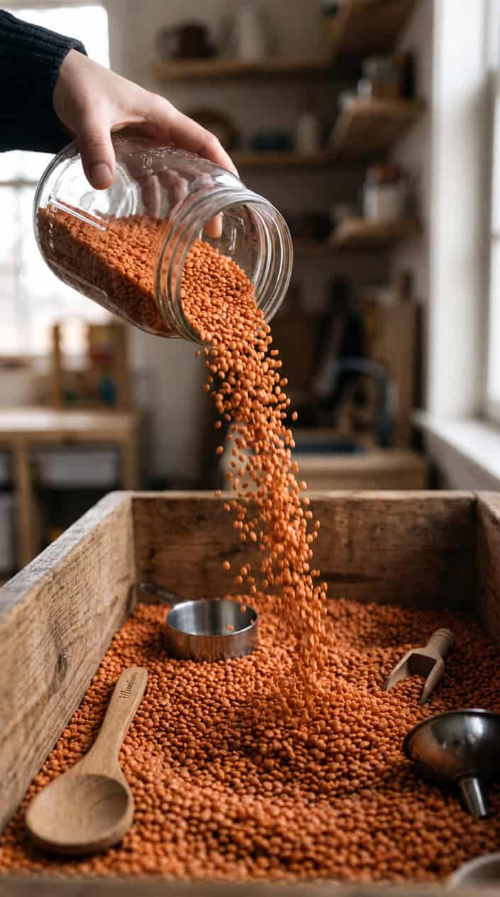Close-up of uncooked lentils being poured from a glass jar into a wooden sensory bin with small kitchen utensils nearby.