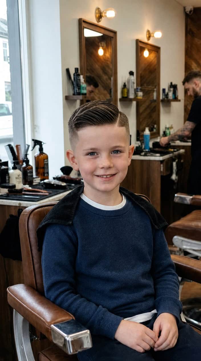 A young boy with a short haircut sitting in a barbershop, smiling.