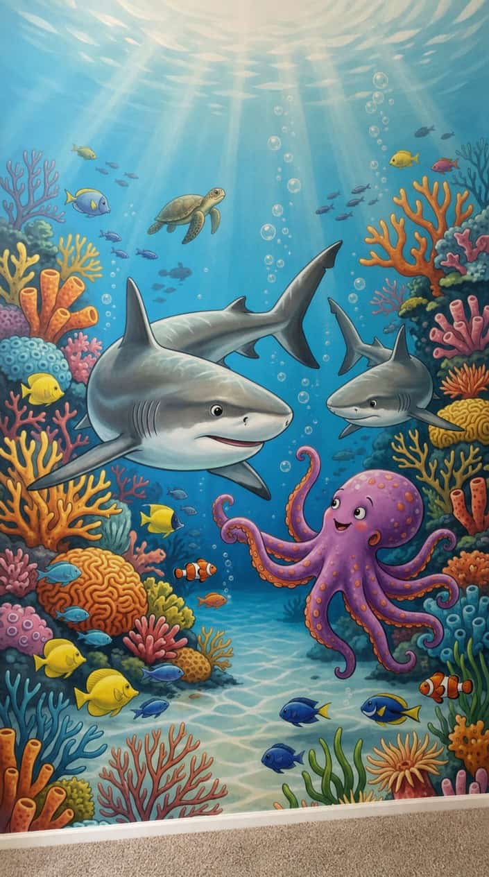 Underwater scene with friendly sharks and an octopus swimming among colorful coral and fish.