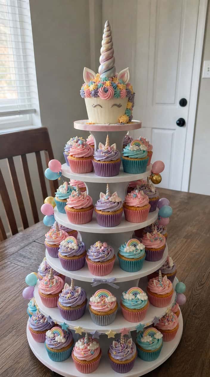 A multi-tiered cupcake tower topped with a unicorn horn, decorated with colorful frosting and edible stars for a child's birthday party.