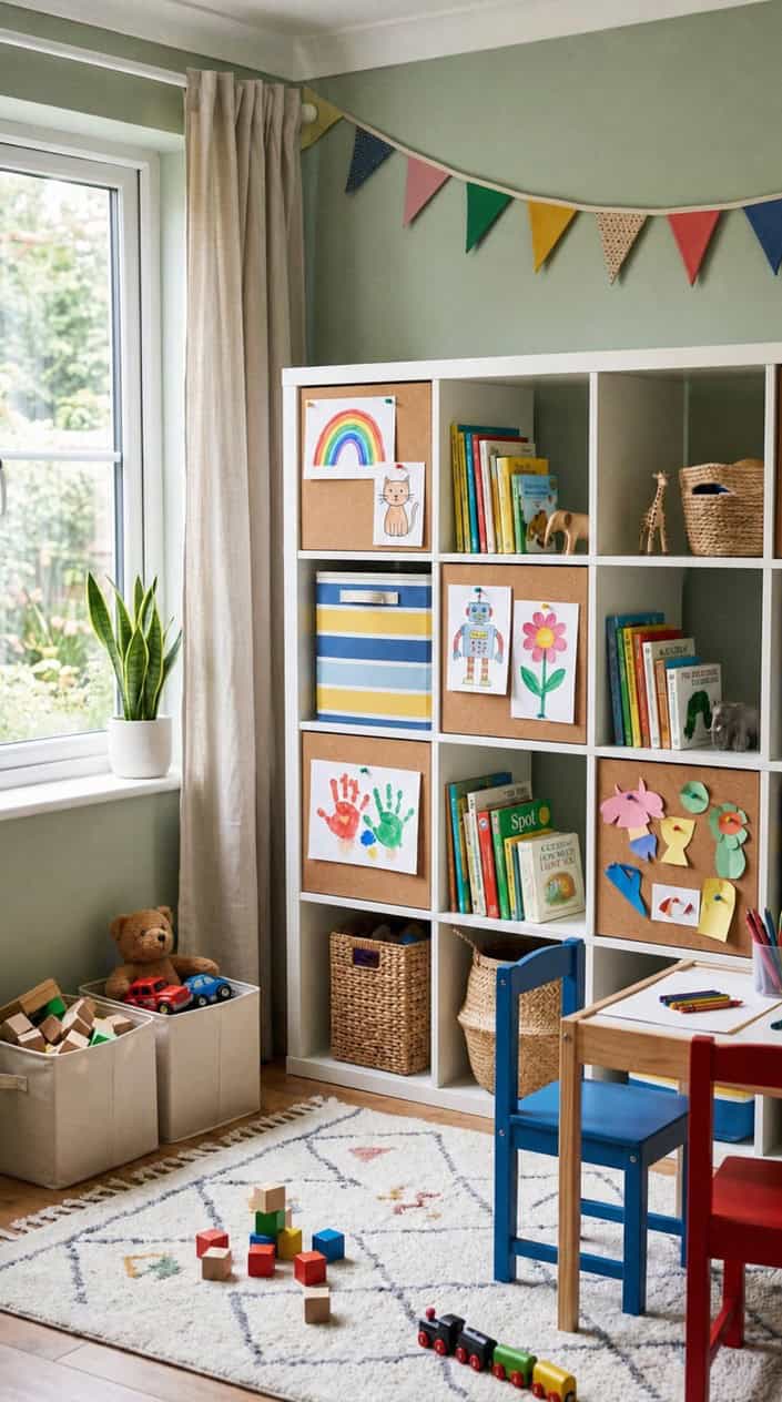 A children's playroom with a white shelving unit featuring cork-lined cubes displaying pinned kids' artwork and crafts.
