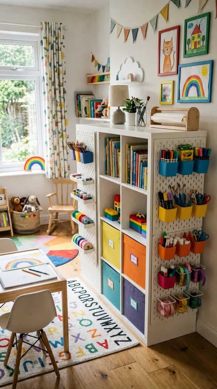 Children's room with a Kallax shelf and SKÅDIS pegboards holding colorful art supplies on the sides.