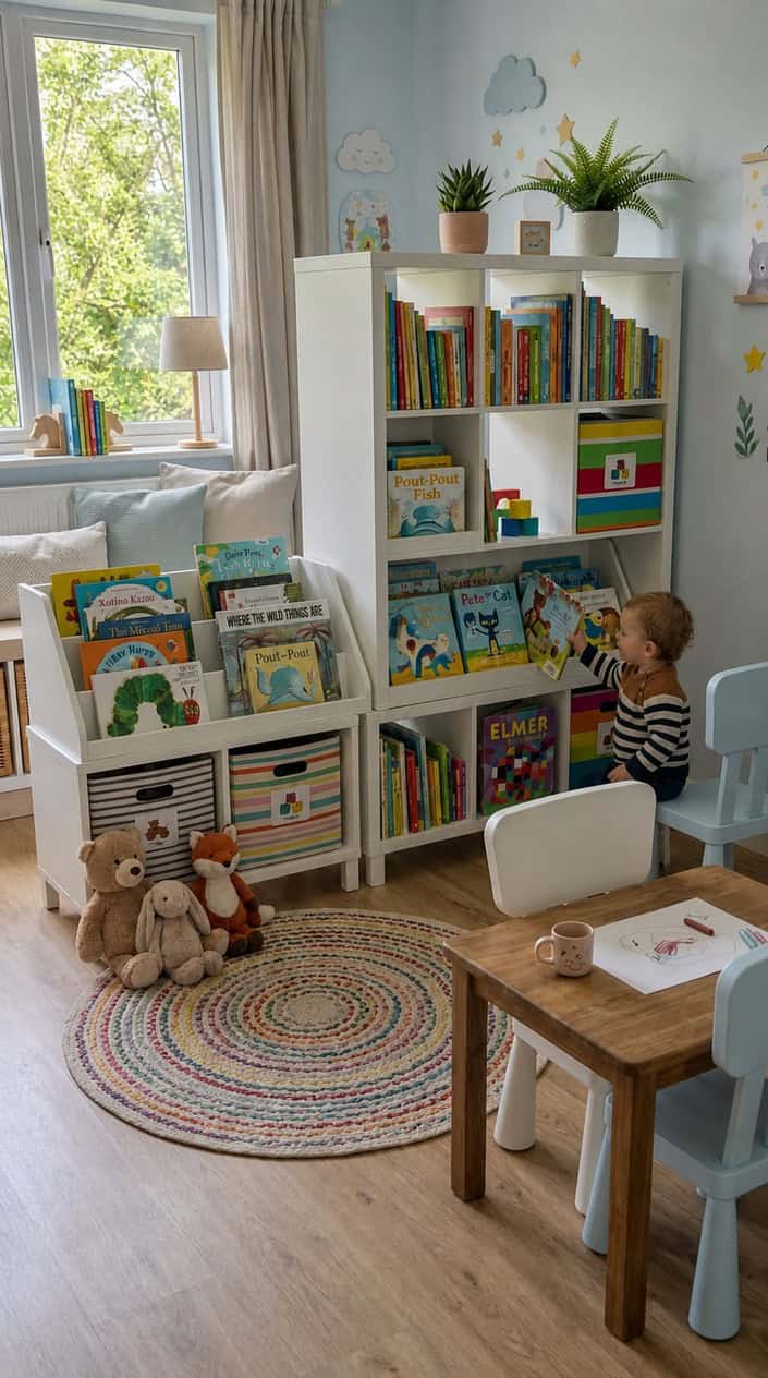 A children's room with a Kallax shelf displaying colorful books angled outward for toddlers, surrounded by toys and child-sized furniture.