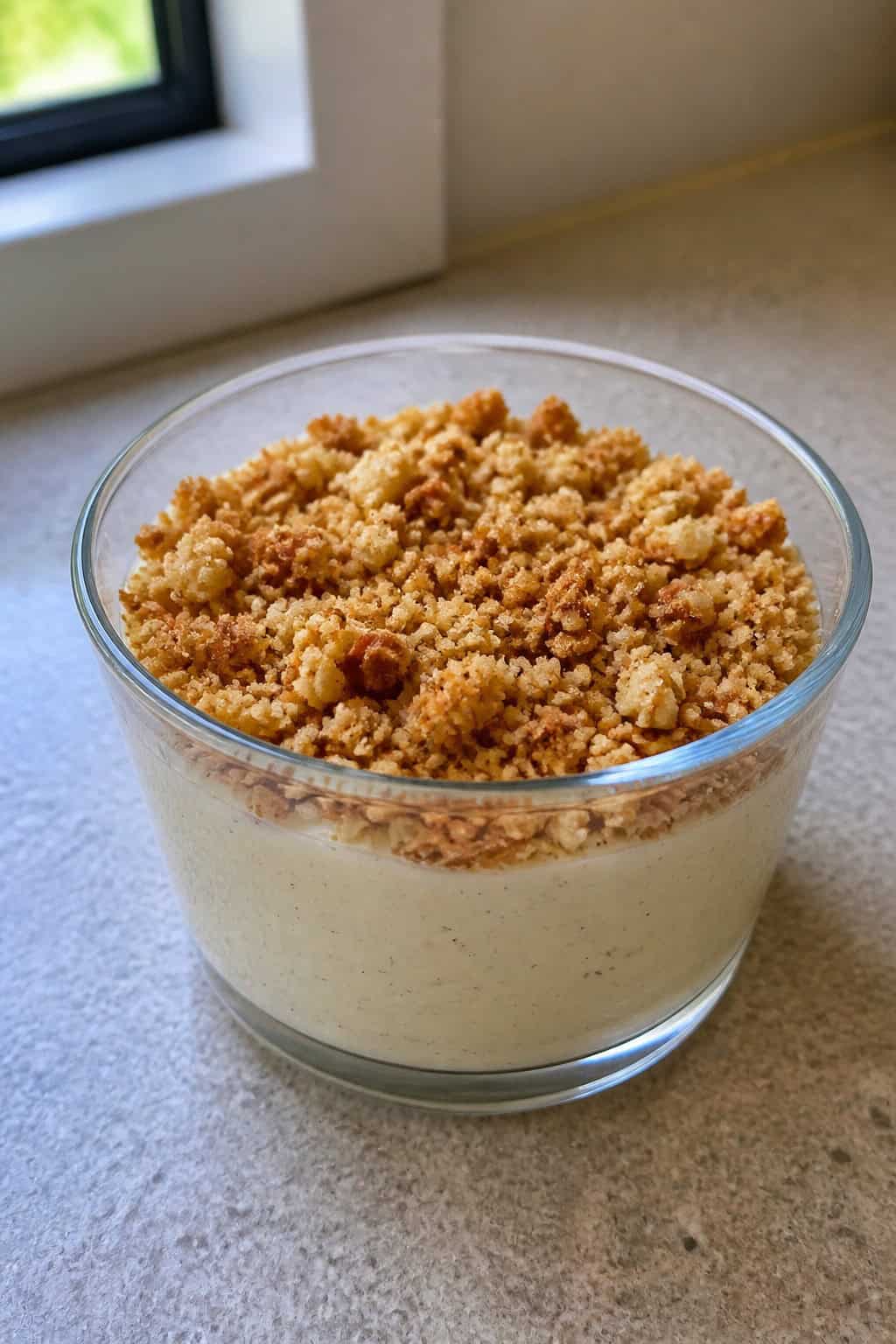 A glass cup filled with creamy vanilla bean cheesecake pudding topped with almond crust crumble on a wooden surface.
