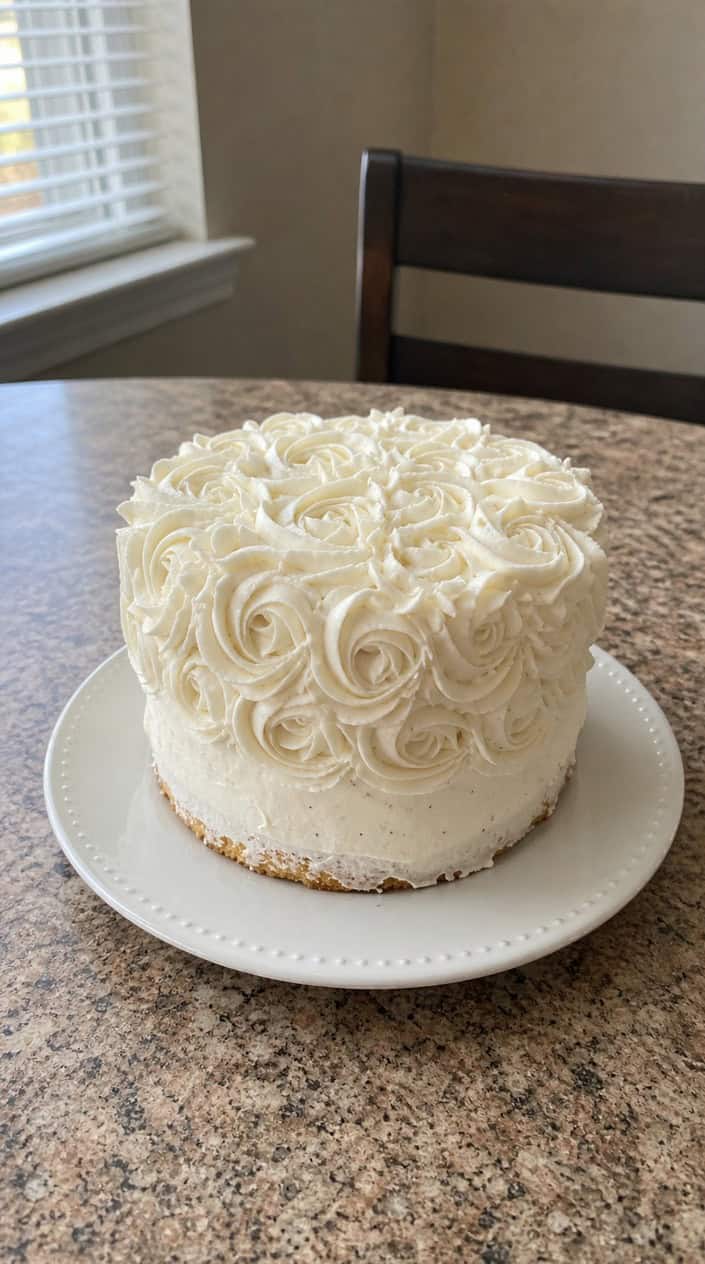 A small vanilla bean chiffon cake with white buttercream rosettes on a white cake stand, surrounded by soft blue baby decorations on a wooden table.