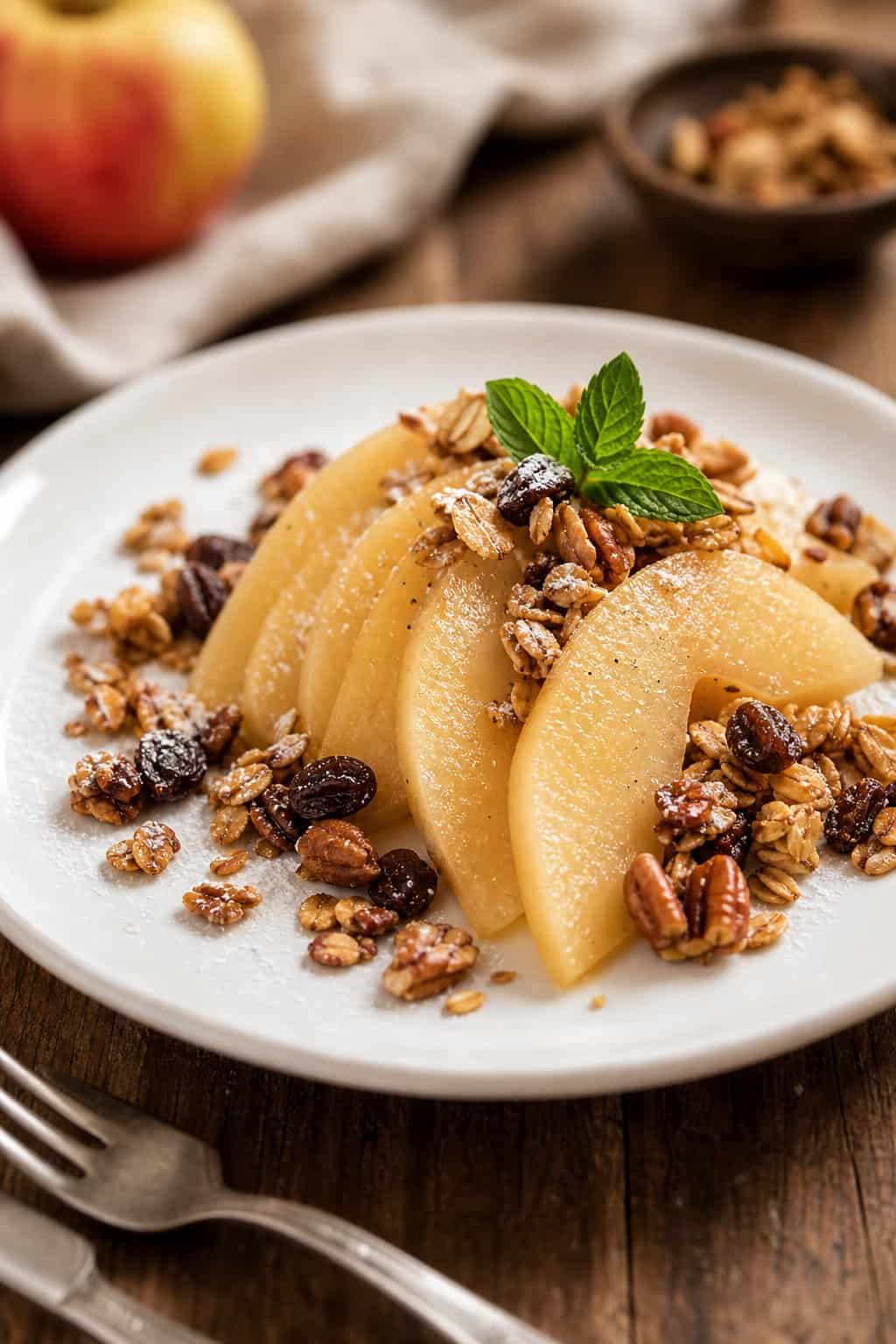 A plate of sliced vanilla-poached apples topped with granola on a wooden table.