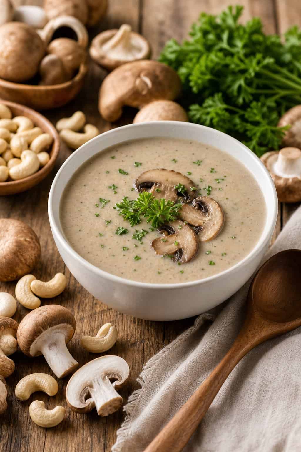 A bowl of creamy vegan cashew mushroom soup garnished with parsley, surrounded by fresh mushrooms and cashews on a wooden table.