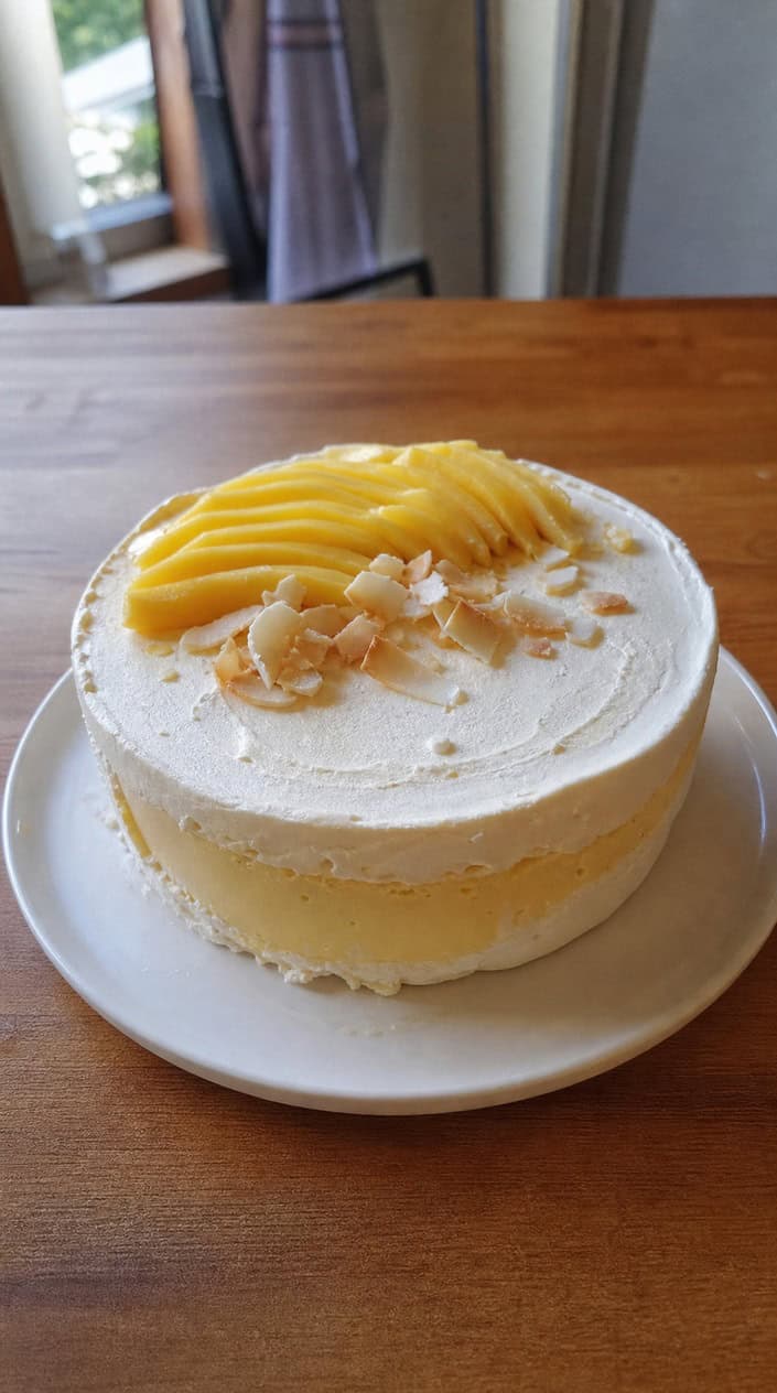 A vegan coconut mango ice cream cake topped with fresh mango slices and shredded coconut on a wooden table outdoors with tropical leaves and fruits around.