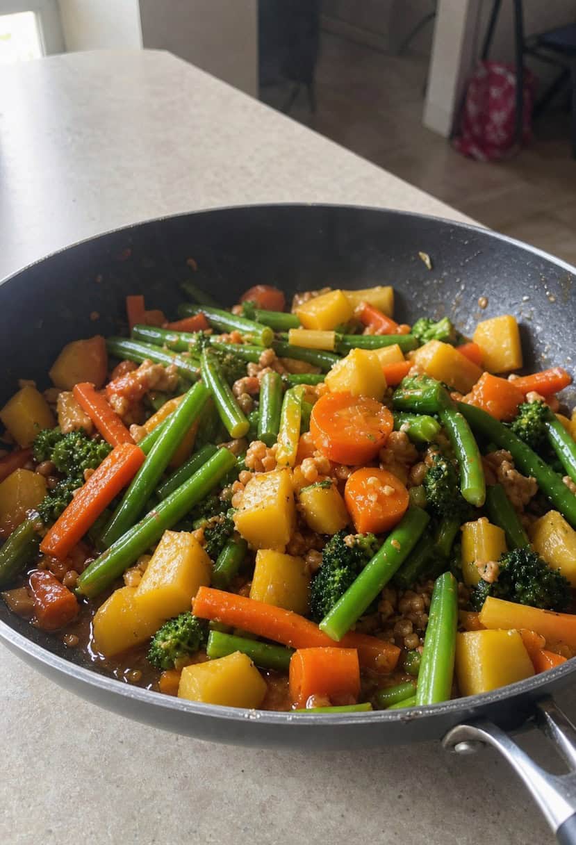 A sizzling pan filled with colorful veggies being tossed in a savory sauce, steam rising as the aroma of garlic and ginger fills the air