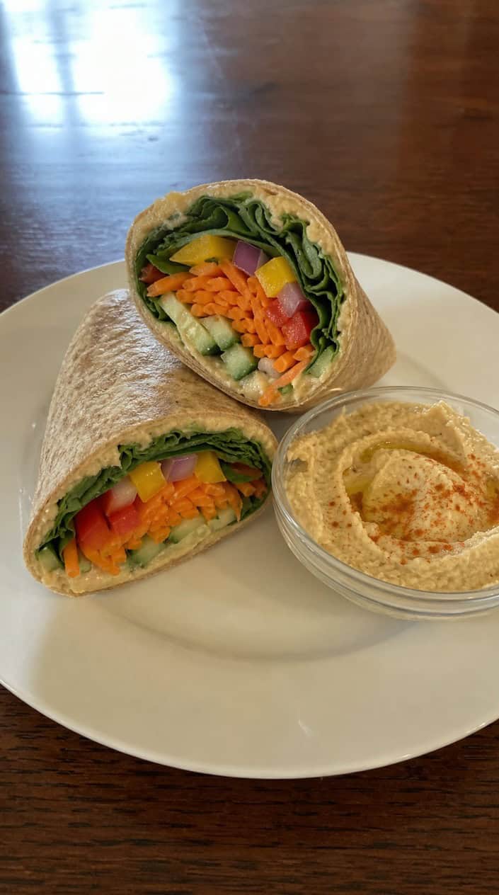 A whole-wheat tortilla wrap sliced in half to reveal layers of hummus, shredded carrot, sliced cucumber, cherry tomatoes, and mixed greens, arranged on a natural wood cutting board.