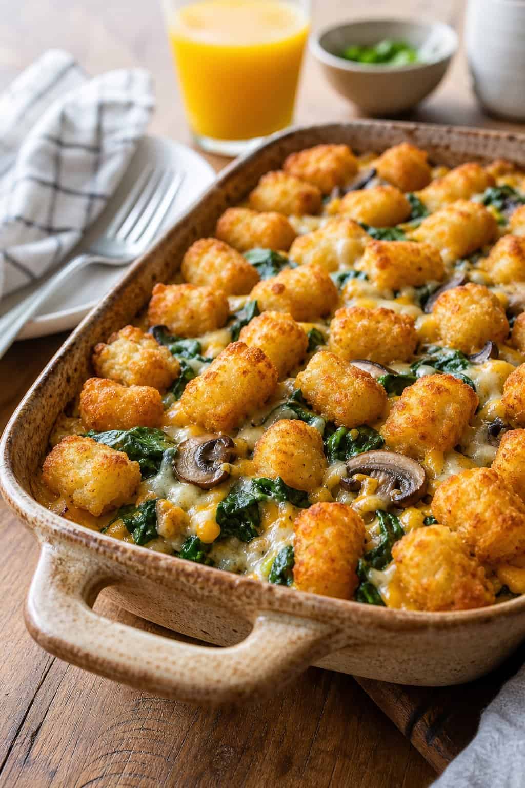A baked casserole with spinach, mushrooms, and crispy tater tots in a ceramic dish on a wooden table.