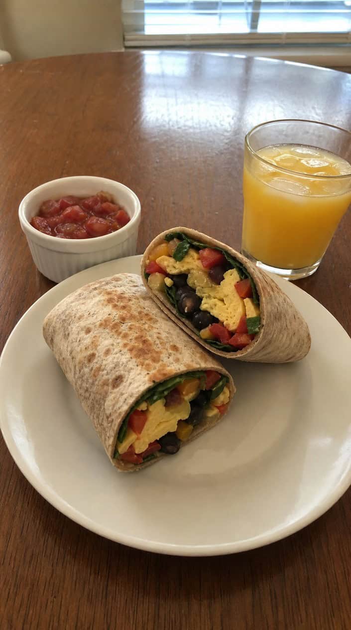 A plate of veggie-stuffed breakfast burritos with fresh vegetables on a wooden table, accompanied by salsa and a glass of orange juice.