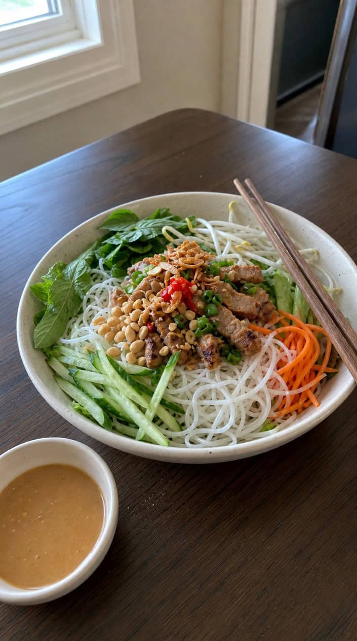 A bowl of Vietnamese rice noodle salad with fresh herbs, vegetables, crushed peanuts, and a small bowl of peanut dressing on a wooden table.