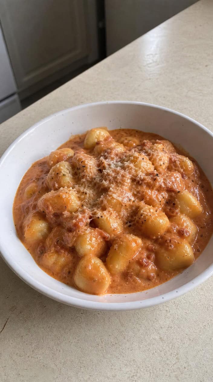 A deep bowl of gnocchi swathed in coral-pink vodka cream sauce with a glossy sheen, scattered with torn basil, a heavy snowfall of Parmesan, and a small pitcher of cream and a sauce jar visible in the soft background.