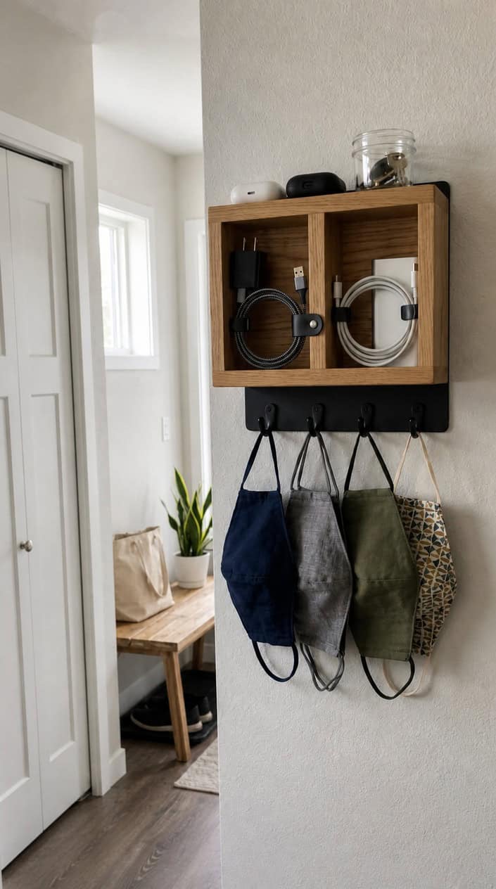 Wall-mounted organizer holding face masks and chargers in a tidy entryway or closet area.