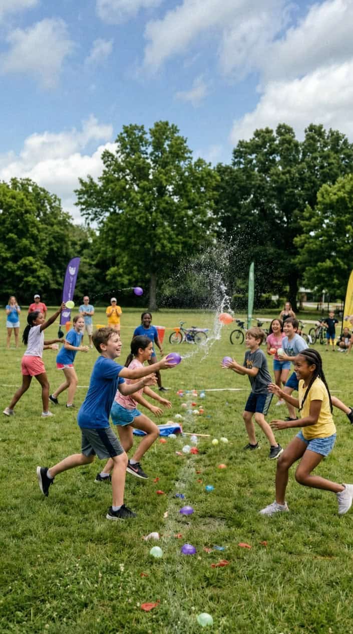 Children mid-throw during a water balloon dodgeball game in a backyard, arms raised and mouths open in laughter on a bright summer afternoon.