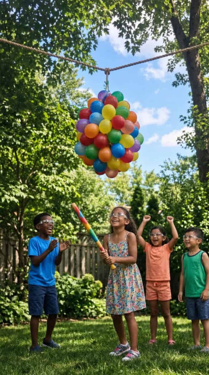 Children playing with a colorful water balloon piñata hanging outdoors on a sunny day.
