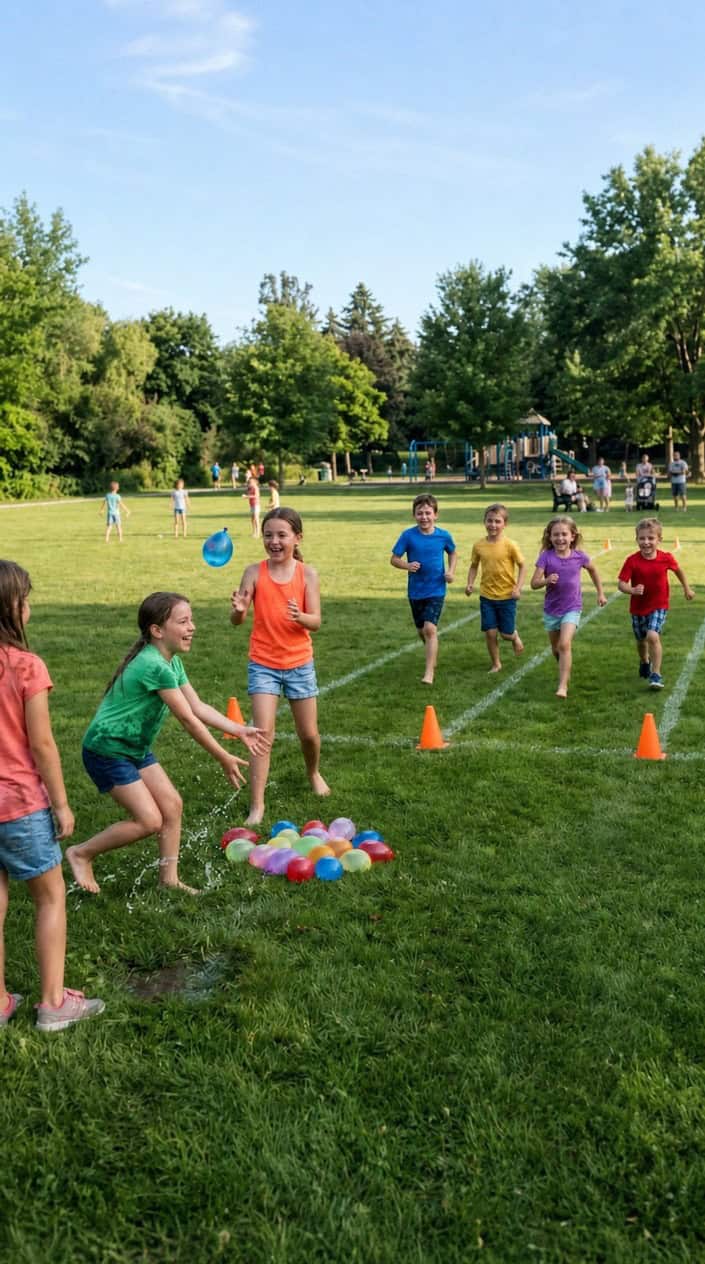 Children playing a water balloon toss and sprint game outdoors in a green park on a sunny day.