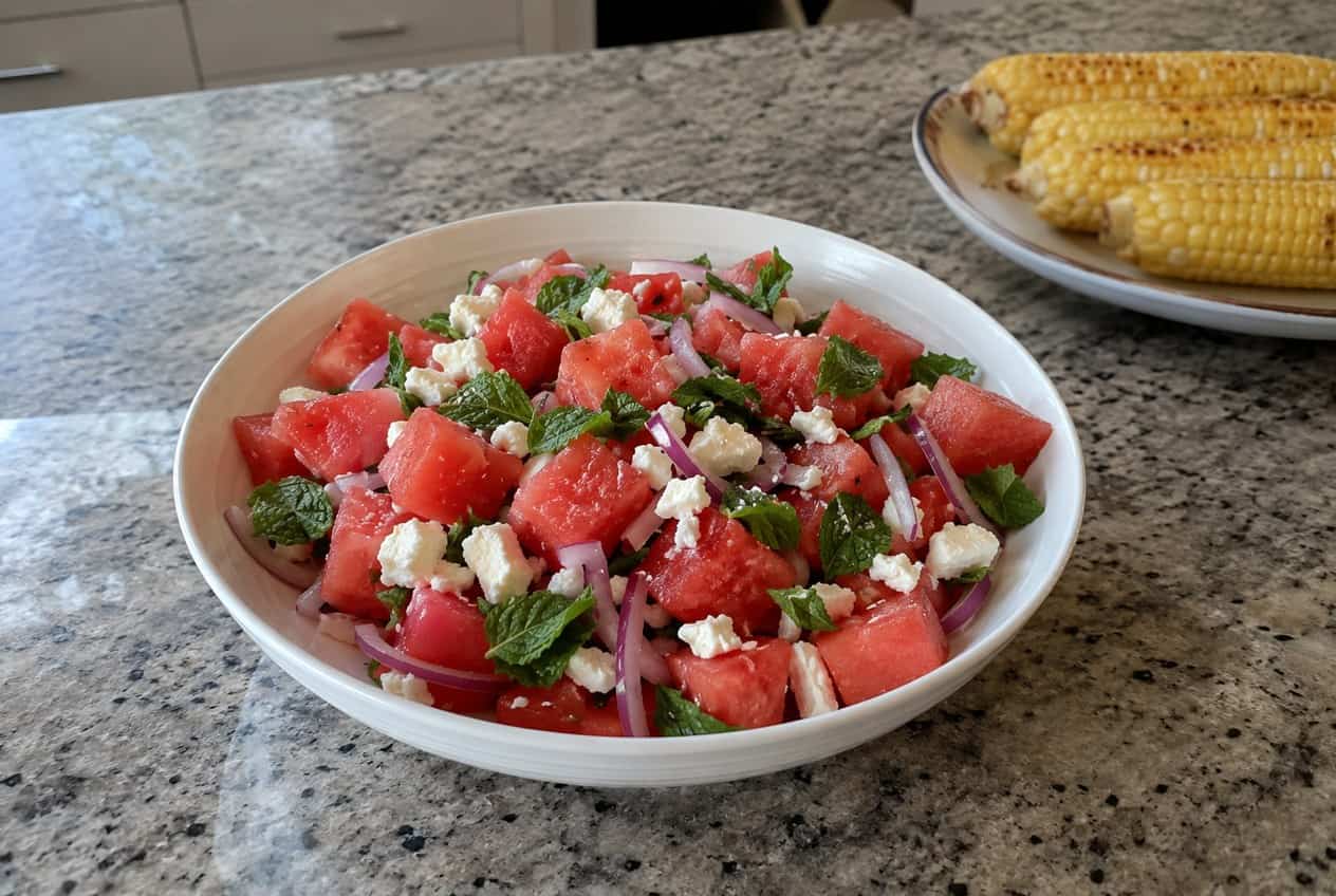 A wide wooden bowl filled with bright pink watermelon cubes, crumbled white feta, and scattered fresh mint leaves, with a halved lime resting alongside.