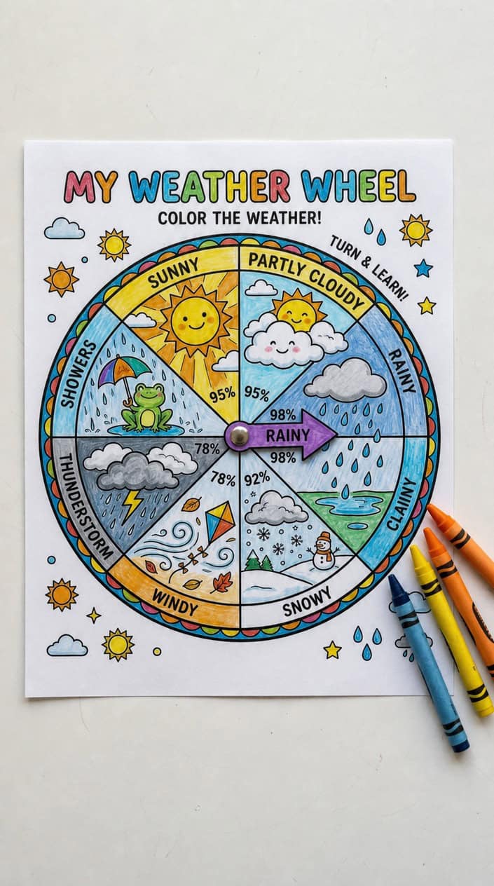A colorful weather wheel coloring page showing sun, rain, and snow illustrations.