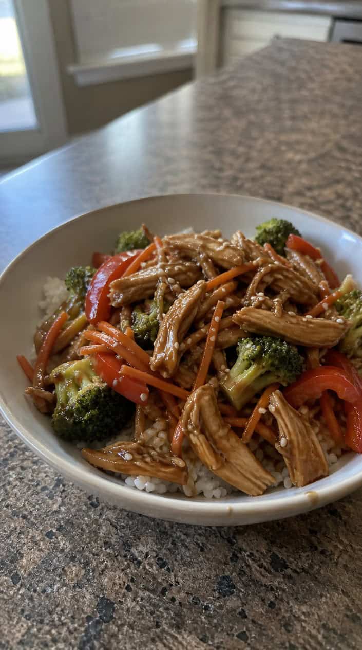 A wide bowl of glossy teriyaki chicken over steamed white rice with bright broccoli and orange carrot coins, with a slow cooker visible on the kitchen counter behind it.