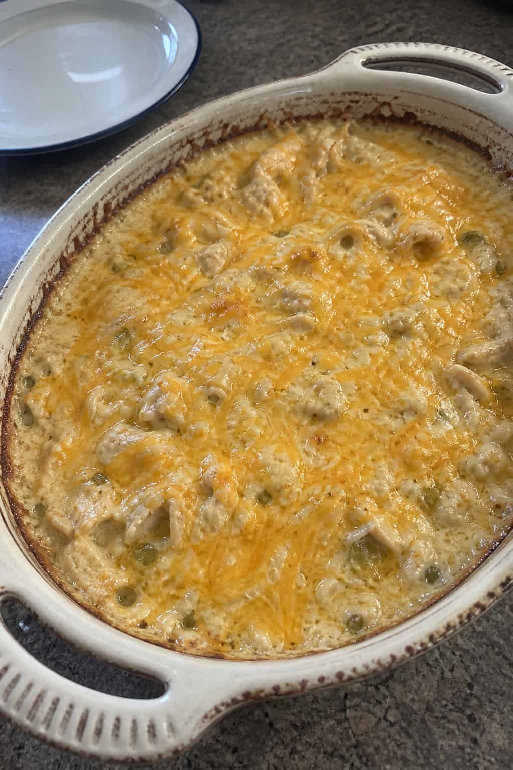 A white chicken enchilada casserole in a cream-colored ceramic dish with bubbling Monterey Jack cheese on top, garnished with sliced green onions and fresh cilantro on a wooden table.