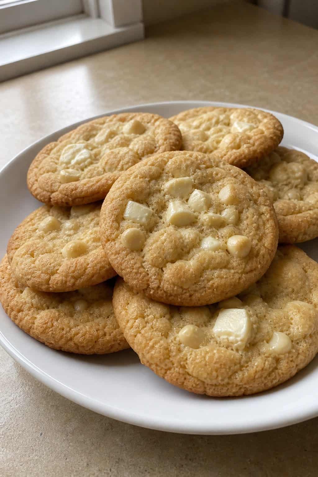 Close-up of white chocolate macadamia nut cookies on a wooden board with a glass of milk in the background.