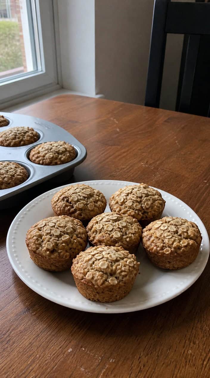 A plate of whole-grain banana oat muffins on a wooden table surrounded by bananas, oats, and honey.