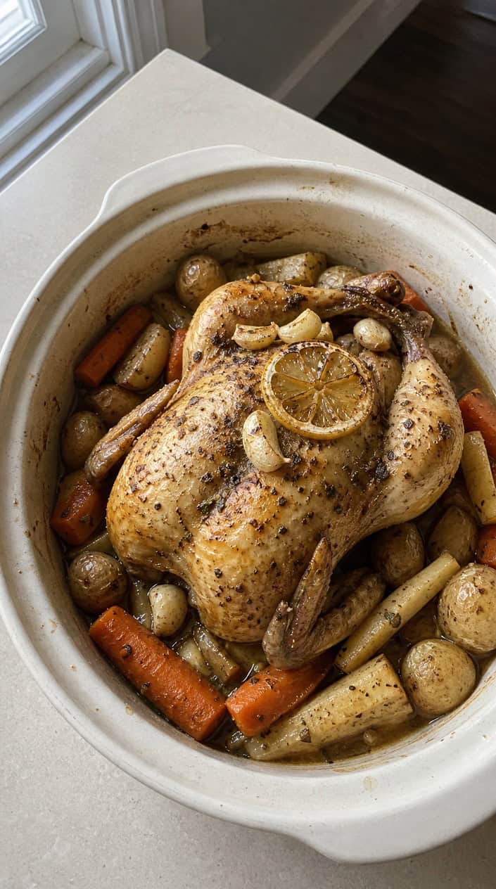 A whole lemon garlic chicken cooked with root vegetables in a slow cooker on a wooden table.