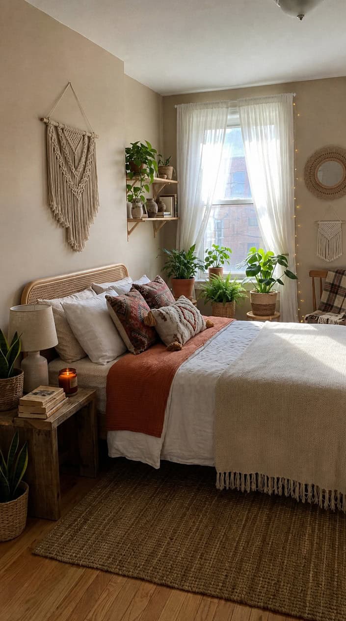 A sunlit bedroom with layered patterned pillows, trailing plants on a wooden nightstand, and warm afternoon light casting soft shadows across textured bedding.