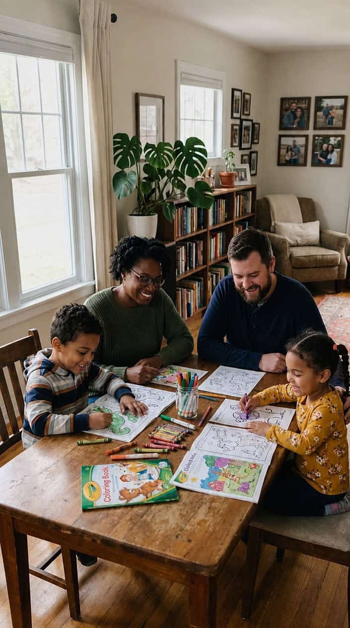 A family of four sitting at a table coloring together, smiling and enjoying quality time in a bright living room.