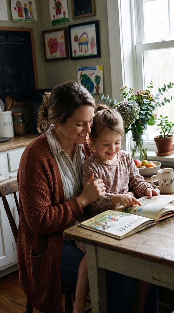 A mother and young daughter seated together at a flour-dusted kitchen table, both looking down at something they're making, a warm and unhurried domestic scene.