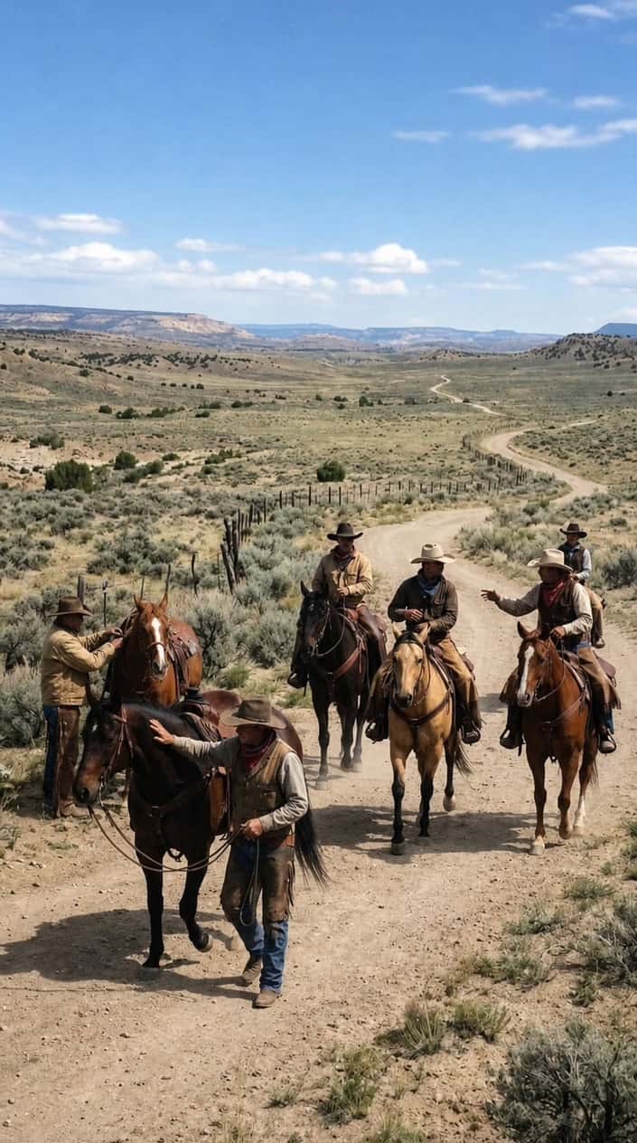 Cowboys dressed in traditional western clothing interacting with horses in an open prairie landscape under a clear sky.