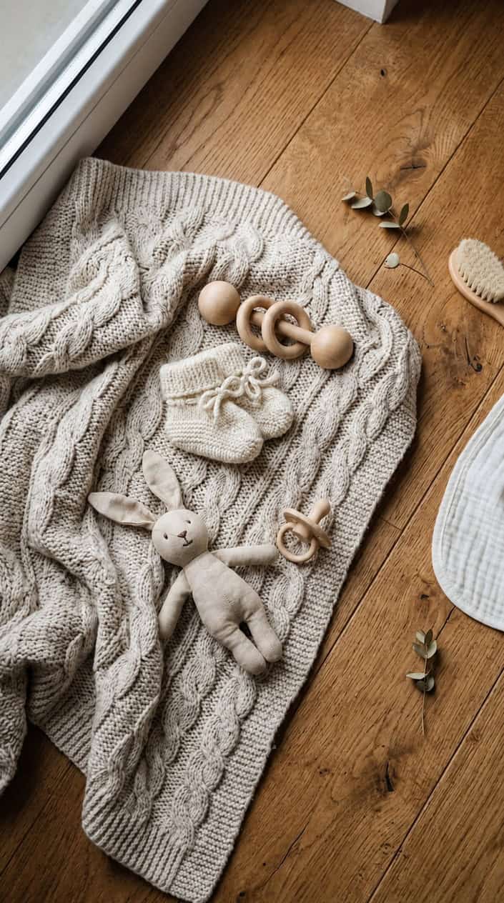At-Home Newborn Photo Setups: 13 Ideas That Look Professional on a Phone Camera 4 Flatlay of a wooden floor with a knit blanket and small baby props arranged around it.