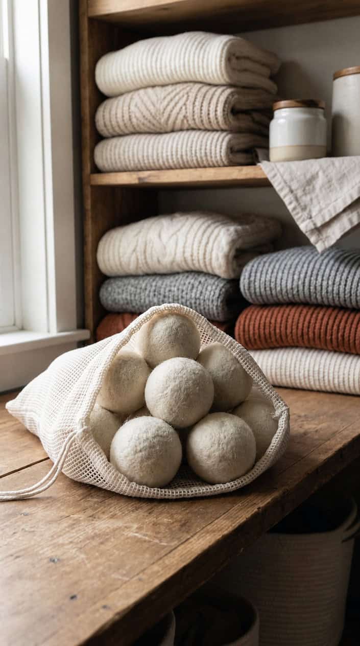 Wool dryer balls inside a white mesh laundry bag placed near folded knit sweaters on wooden shelves in a tidy laundry area.