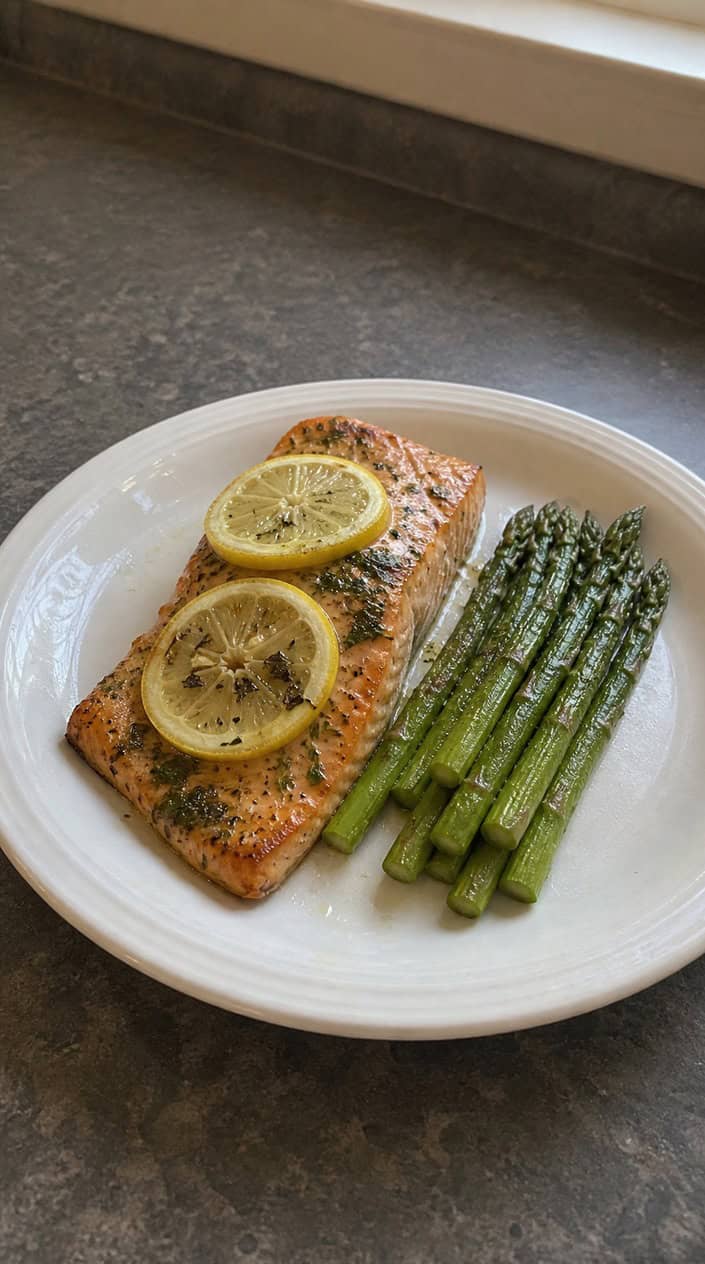 A baked salmon fillet garnished with lemon slices and fresh herbs served with steamed asparagus on a white plate.