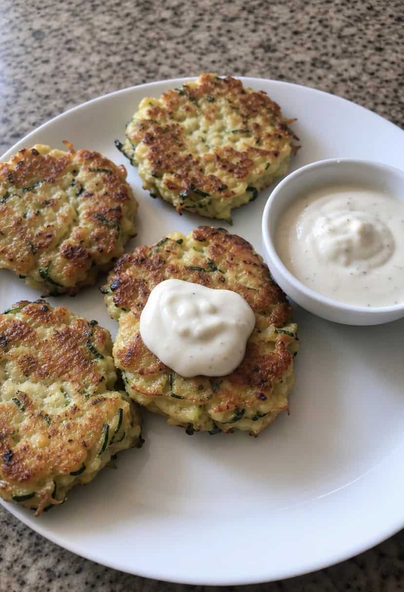A sizzling skillet of golden zucchini fritters surrounded by fresh herbs and a dollop of creamy dipping sauce