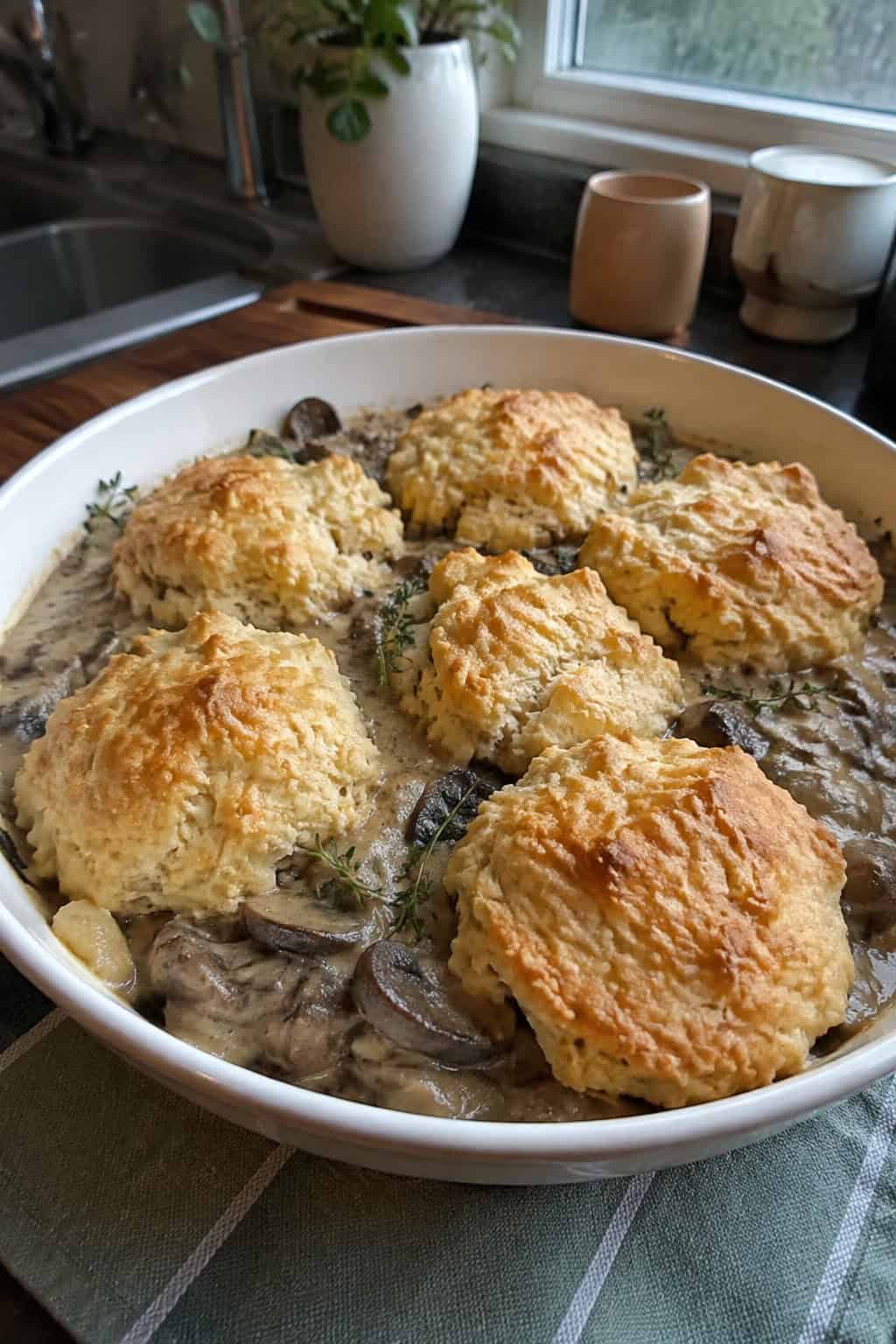 Vegetarian Mushroom Gravy Biscuit Bake