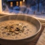 Bowl of creamy mushroom soup on a table by a winter window