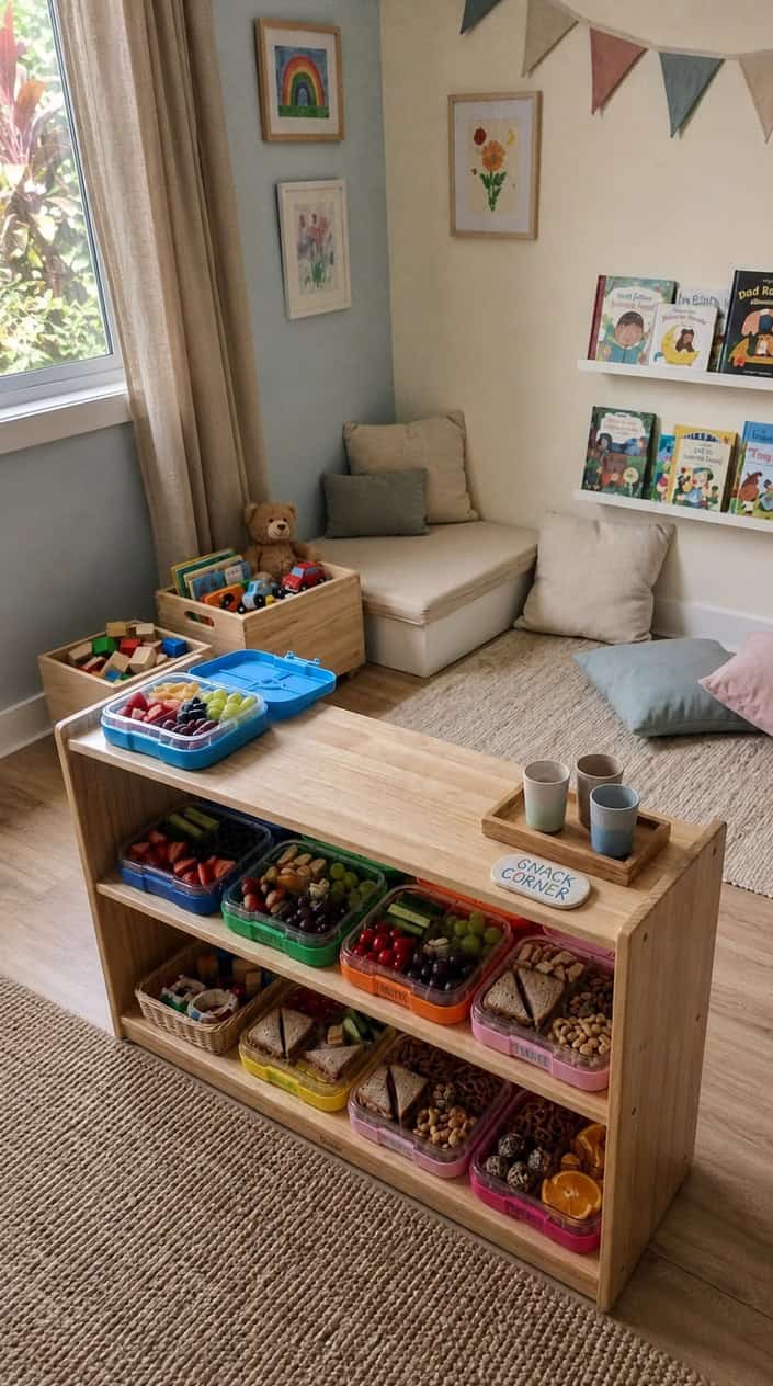 A low natural wood shelf in a playroom holding four colorful divided bento-style trays filled with small healthy snacks, with clear snap-on lids and simple labels facing forward.