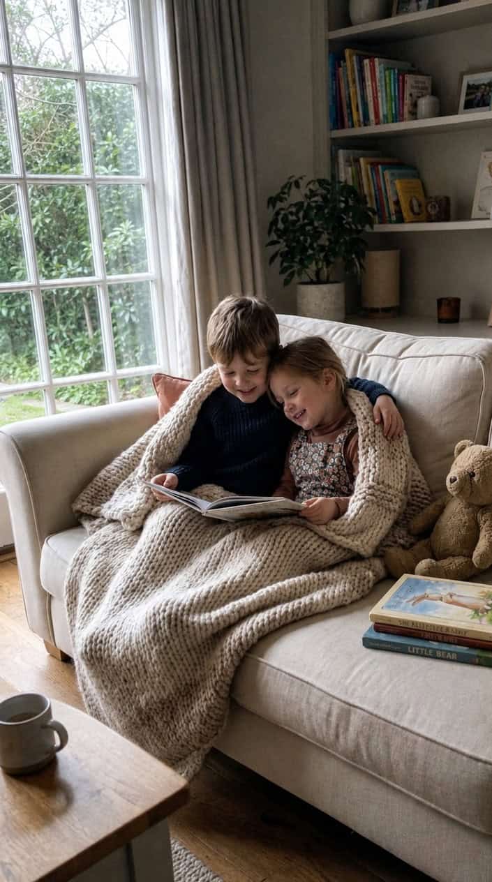 Two children sitting closely together under a blanket in a cozy living room, sharing a quiet and comforting moment.
