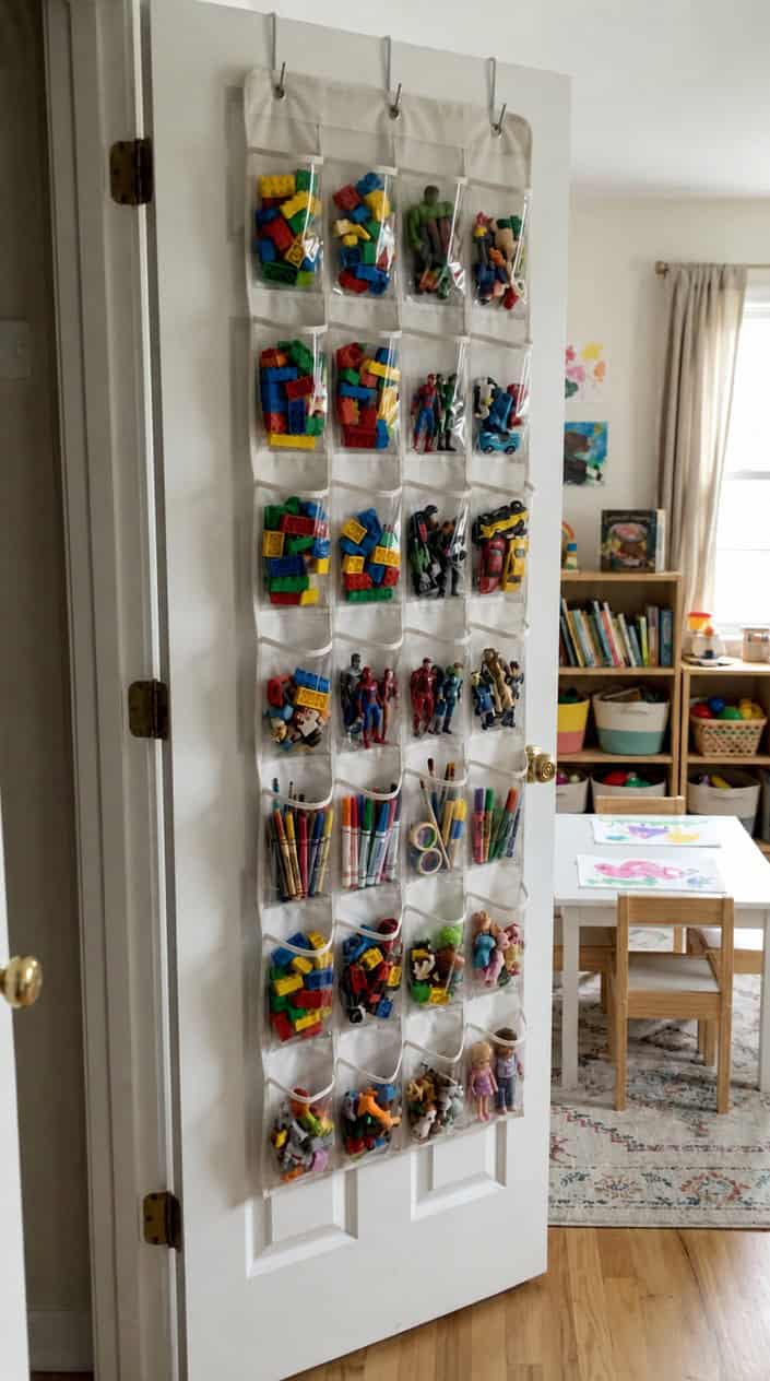 A clear plastic pocket shoe organizer hanging on the back of a white closet door, with small colorful toys, figures, and art supplies sorted into individual pockets.