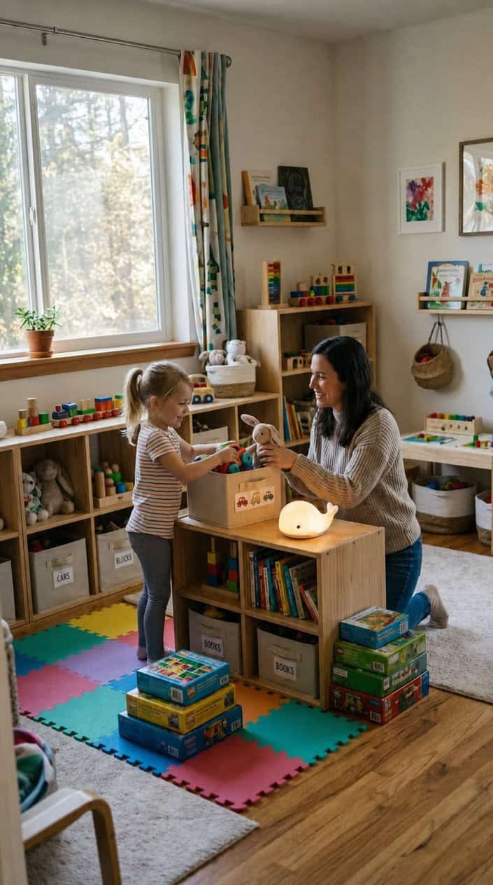 A young child and a parent picking up toys in a warm, softly lit playroom, with a small glowing cordless LED nightlight sitting on a low shelf beside organized toy bins.