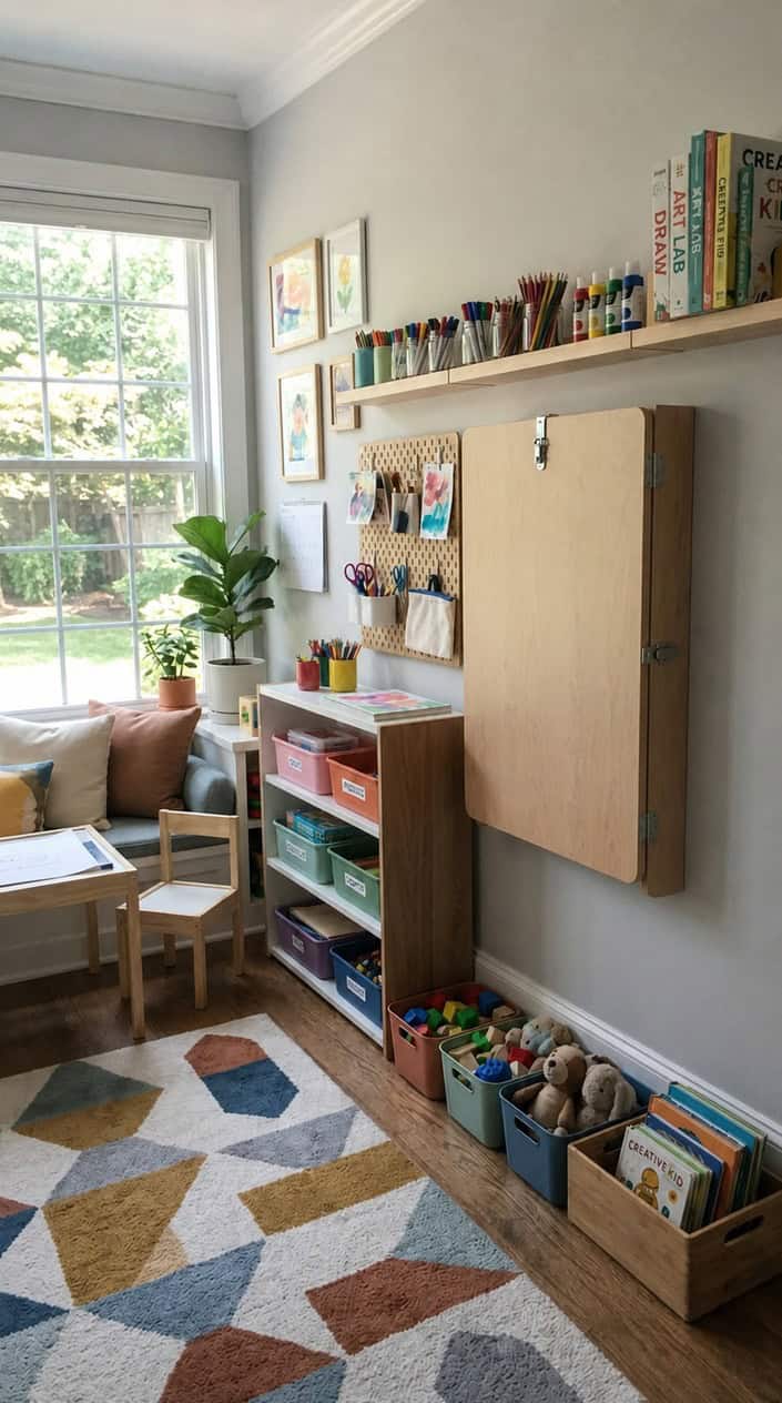 A wall-mounted fold-down craft table folded flat against a light gray wall in a playroom, with colorful storage bins on shelves to the left and a kids' chair tucked underneath.