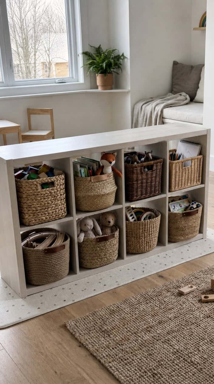 A low IKEA Kallax shelving unit in white with natural seagrass woven baskets in each cubby, sitting against a light wall in a bright playroom.