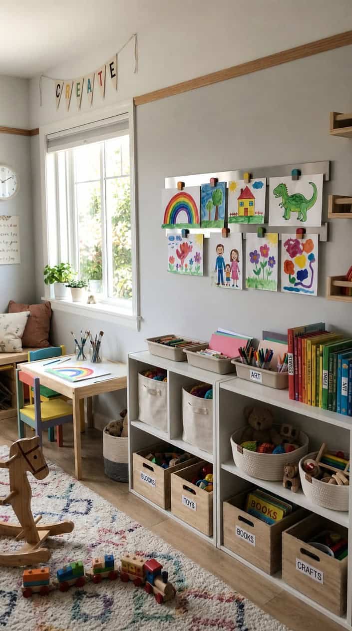 A long metal magnetic strip mounted on a playroom wall displaying several pieces of colorful children's artwork held up with small round magnets, with storage shelves visible below.