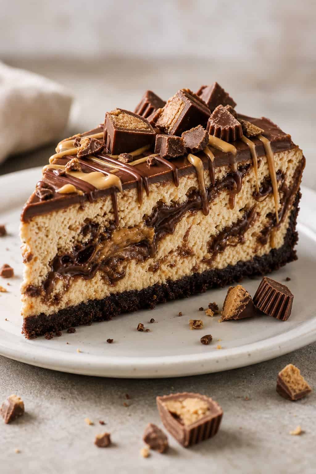 A slice of chocolate peanut butter cheesecake with visible fudge swirl ribbons and chunks of chopped peanut butter cups pressed into the top.