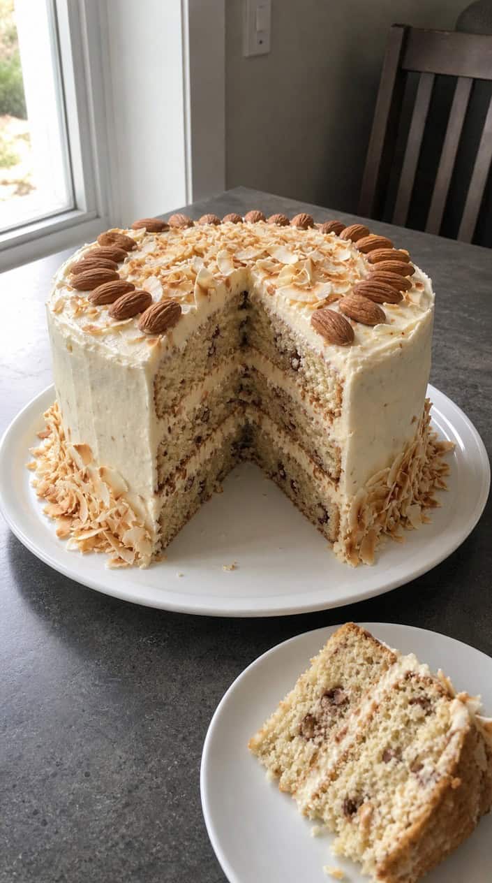 A layered coconut and almond cake decorated with toasted coconut flakes and almonds on a white cake stand with subtle graduation decorations in the background.