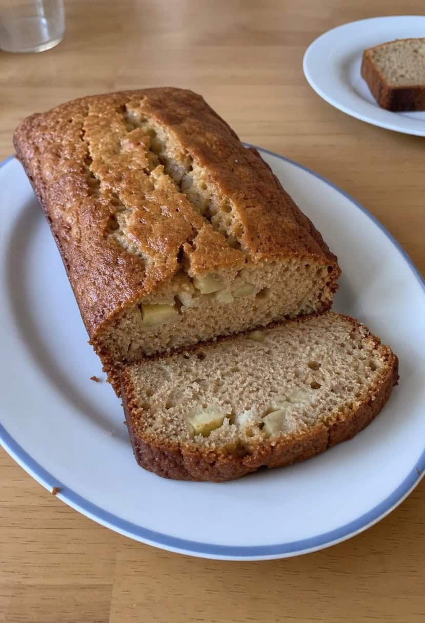 A kitchen counter with a loaf of apple cinnamon banana bread surrounded by various ingredients and utensils