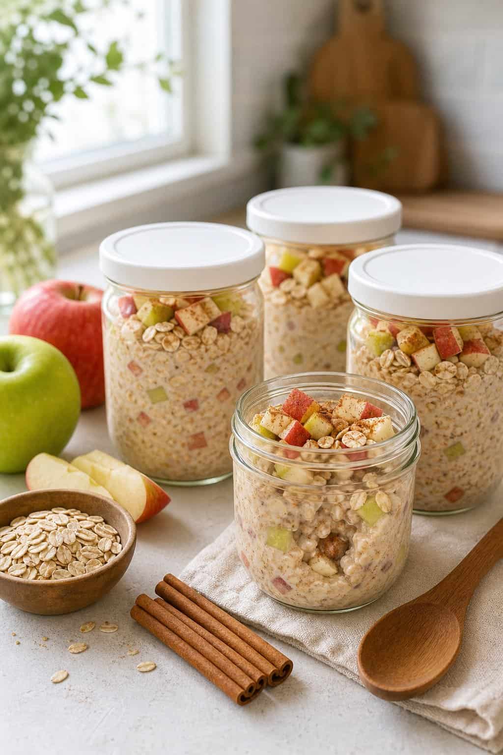 Glass cups of apple cinnamon overnight oats on a light wood kitchen counter with whole apples, a cinnamon stick, and a small jar of maple syrup nearby.